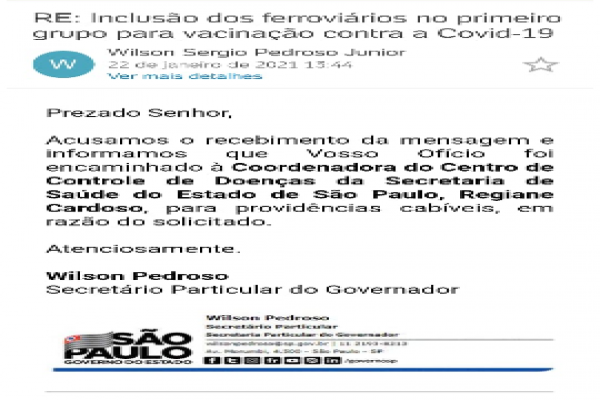 Sindicato da Sorocabana solicita ao governo paulista a inclusão dos ferroviários no grupo prioritário para vacinação contra Covid-19