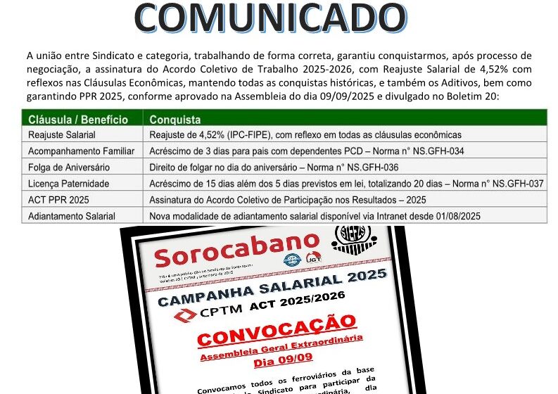 Assinado Acordo Coletivo 2025 com a CPTM